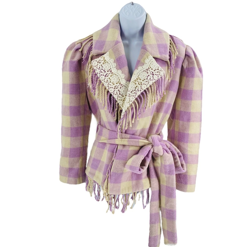 LoveShackFancy NEW Dumont Lilac Plaid Lace Fringe Wool Puff Sleeve Jacket Size S - Picture 8 of 8